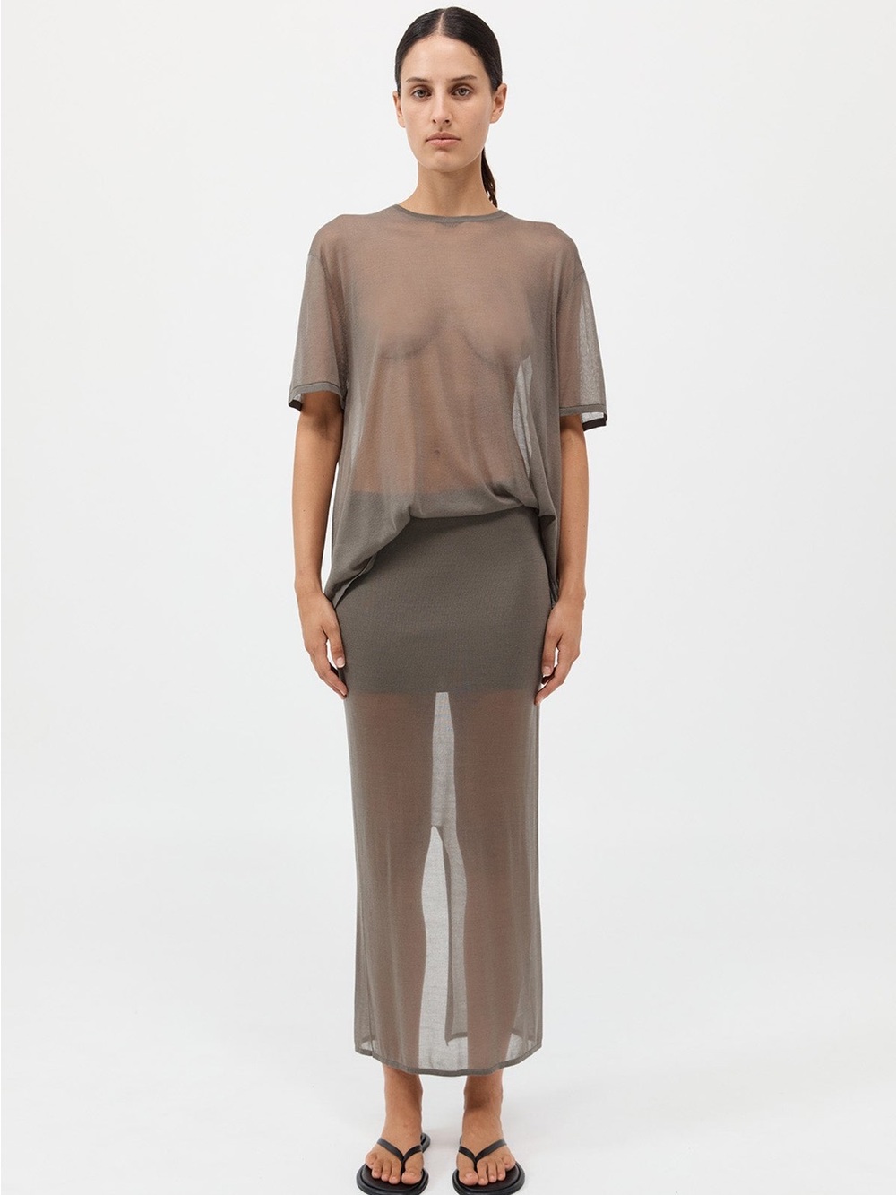 St Agni SHEER COLUMN SKIRT - SMOKEY OLIVE (small)